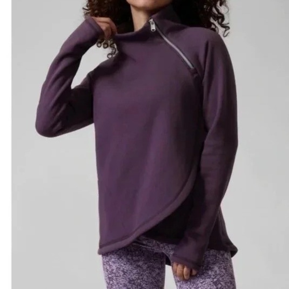 Athleta Cozy Karma Asym Pullover Fleece Mock Neck Sweatshirt Purple Size S Zip